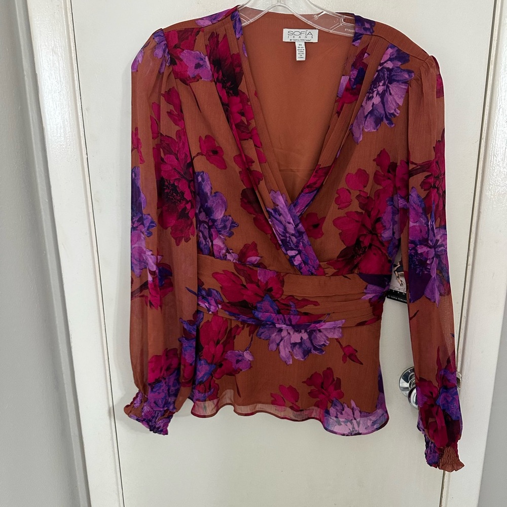 Floral V-Neck Blouse - Purple and Red